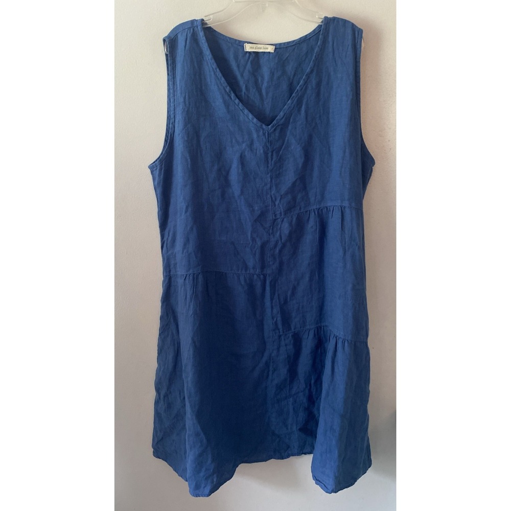 Sea Glass Lane Linen Patch Dress Womens Size L Tidal Blue Lagenlook Cottagecore